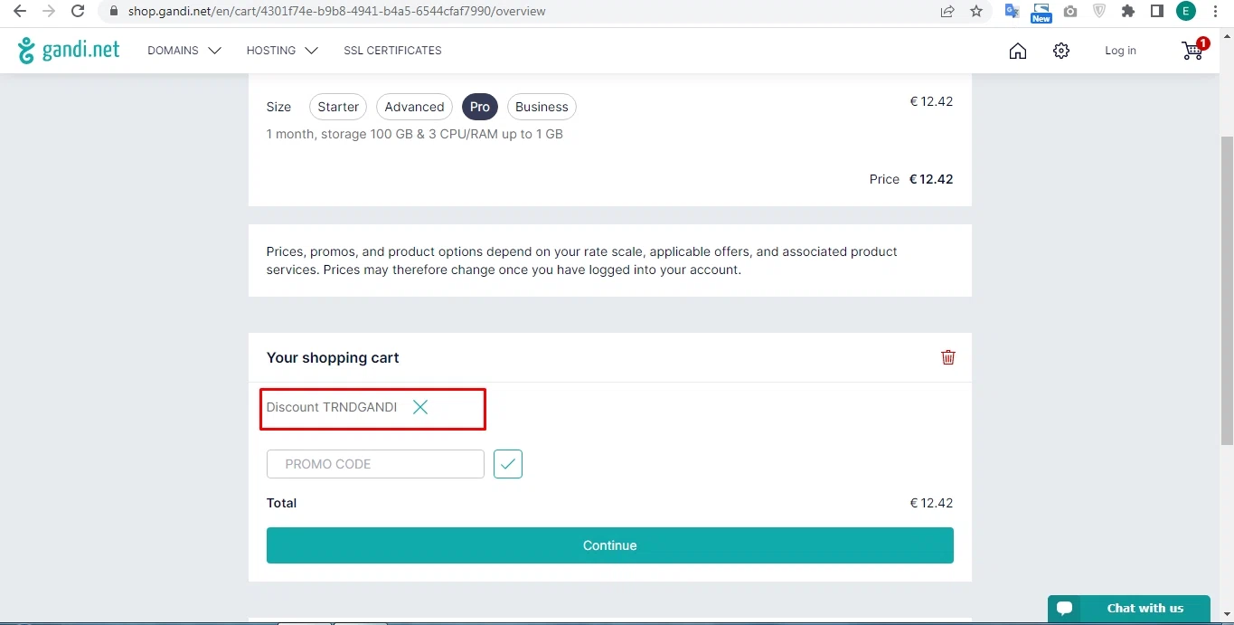 Gandi checkout page showing Gandi promo code box | Screenshot taken by SimplyCodes community member on Aug 28, 2022