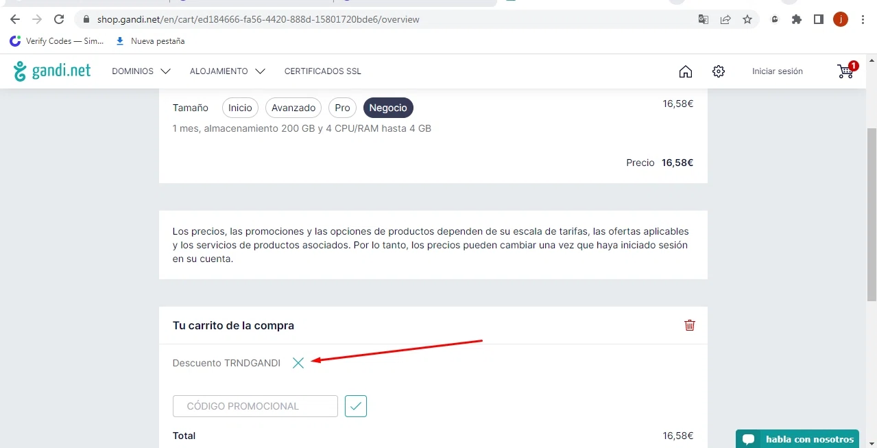 Gandi checkout page showing Gandi promo code box | Screenshot taken by SimplyCodes community member on Oct 20, 2022