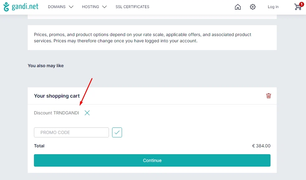 Gandi checkout page showing Gandi promo code box | Screenshot taken by SimplyCodes community member on Jul 23, 2022