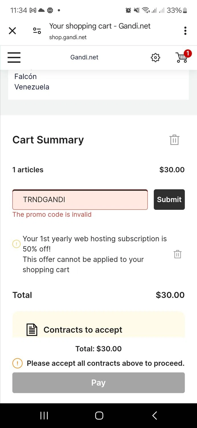 Gandi promo code screenshot showing code TRNDGANDI applied at Gandi checkout page. Uploaded by SimplyCodes community member ronyacosta on Mar 27, 2025