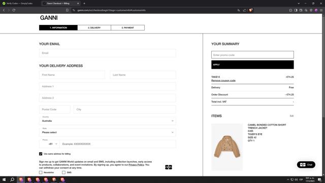 Ganni checkout page showing Ganni discount code box | Screenshot taken by SimplyCodes community member on Mar 17, 2025