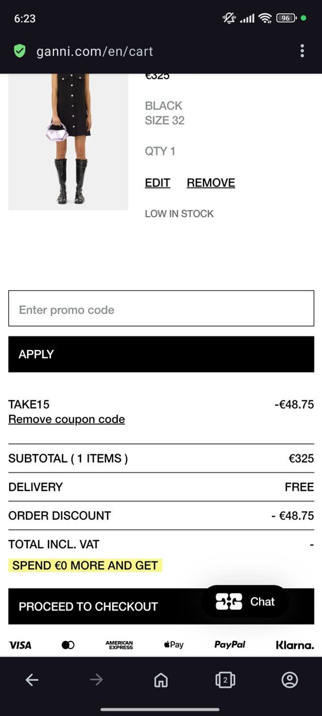 Ganni checkout page showing Ganni discount code box | Screenshot taken by SimplyCodes community member on Dec 29, 2024