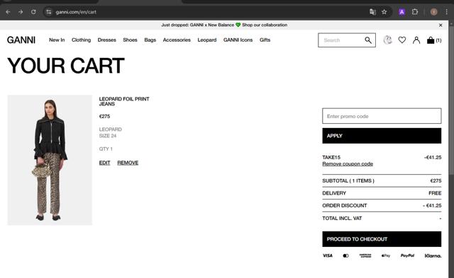 Ganni checkout page showing Ganni discount code box | Screenshot taken by SimplyCodes community member on Nov 20, 2024