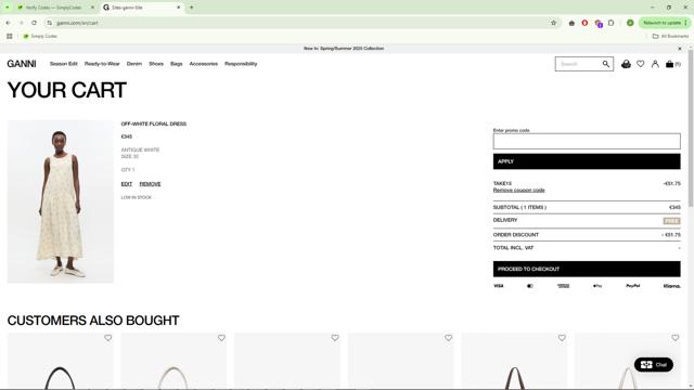 Ganni checkout page showing Ganni discount code box | Screenshot taken by SimplyCodes community member on Apr 15, 2025