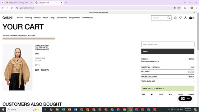 Ganni checkout page showing Ganni discount code box | Screenshot taken by SimplyCodes community member on Feb 25, 2025