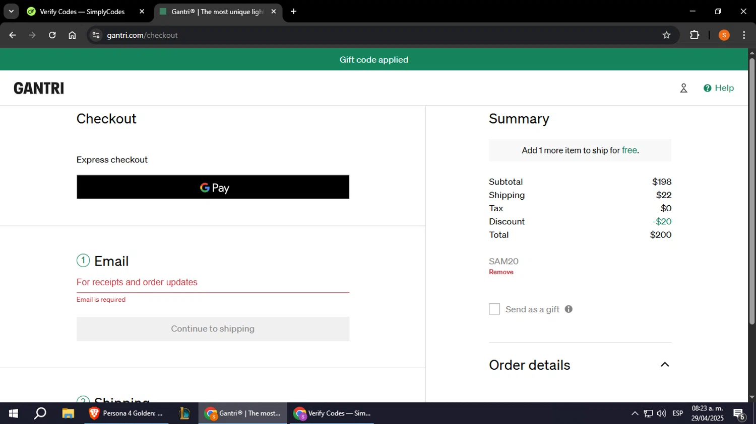 Gantri discount code screenshot showing code SAM20 applied at Gantri checkout page. Uploaded by SimplyCodes community member StevenZarraga on Apr 29, 2025