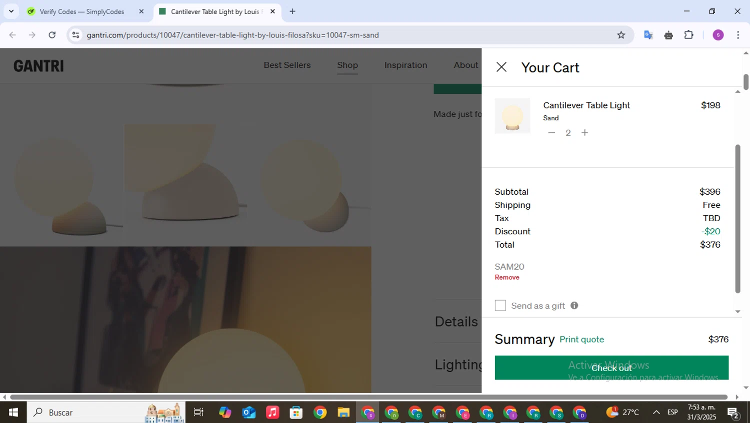 Gantri discount code screenshot showing code SAM20 applied at Gantri checkout page. Uploaded by SimplyCodes community member WonderPioneer5062 on Mar 31, 2025
