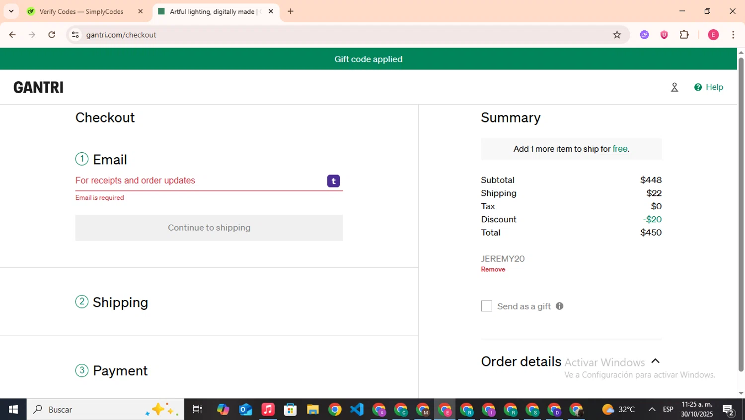 Gantri discount code screenshot showing code JEREMY20 applied at Gantri checkout page. Uploaded by SimplyCodes community member CouponHero7312 on Oct 30, 2025