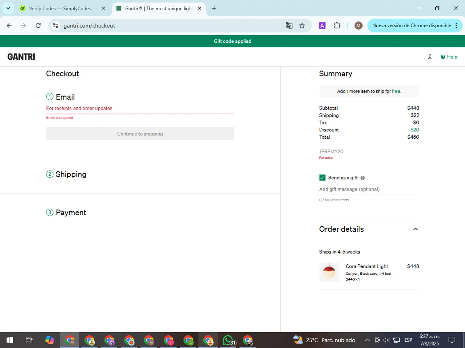 Gantri discount code screenshot showing code JEREMY20 applied at Gantri checkout page. Uploaded by SimplyCodes community member VoucherExpert8533 on Mar 7, 2025