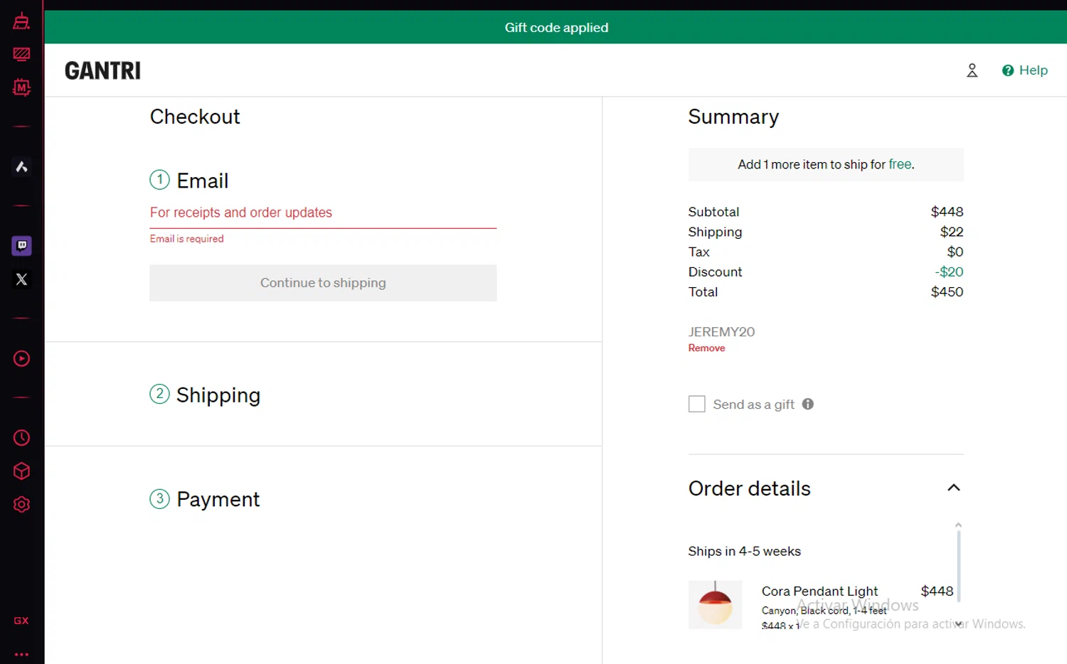 Gantri discount code screenshot showing code JEREMY20 applied at Gantri checkout page. Uploaded by SimplyCodes community member lyffytaro on Mar 7, 2025