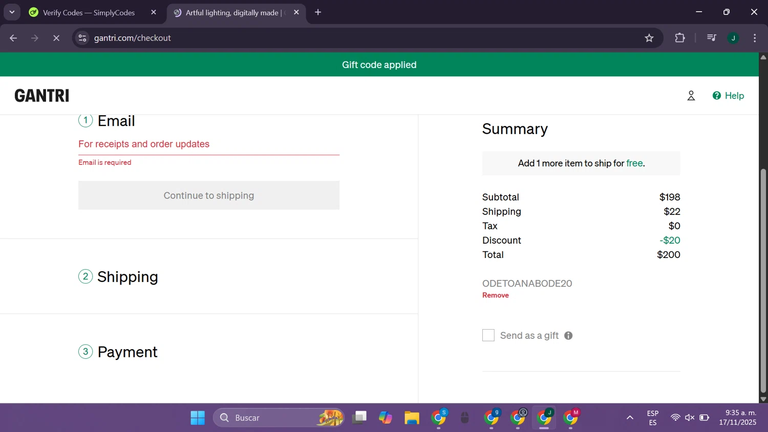 Gantri discount code screenshot showing code ODETOANABODE20 applied at Gantri checkout page. Uploaded by SimplyCodes community member CleverElite8110 on Nov 17, 2025