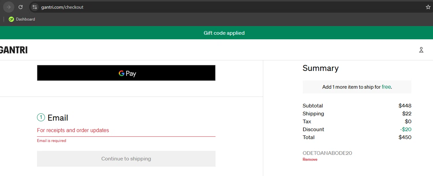 Gantri discount code screenshot showing code ODETOANABODE20 applied at Gantri checkout page. Uploaded by SimplyCodes community member Kony24 on Sep 21, 2025