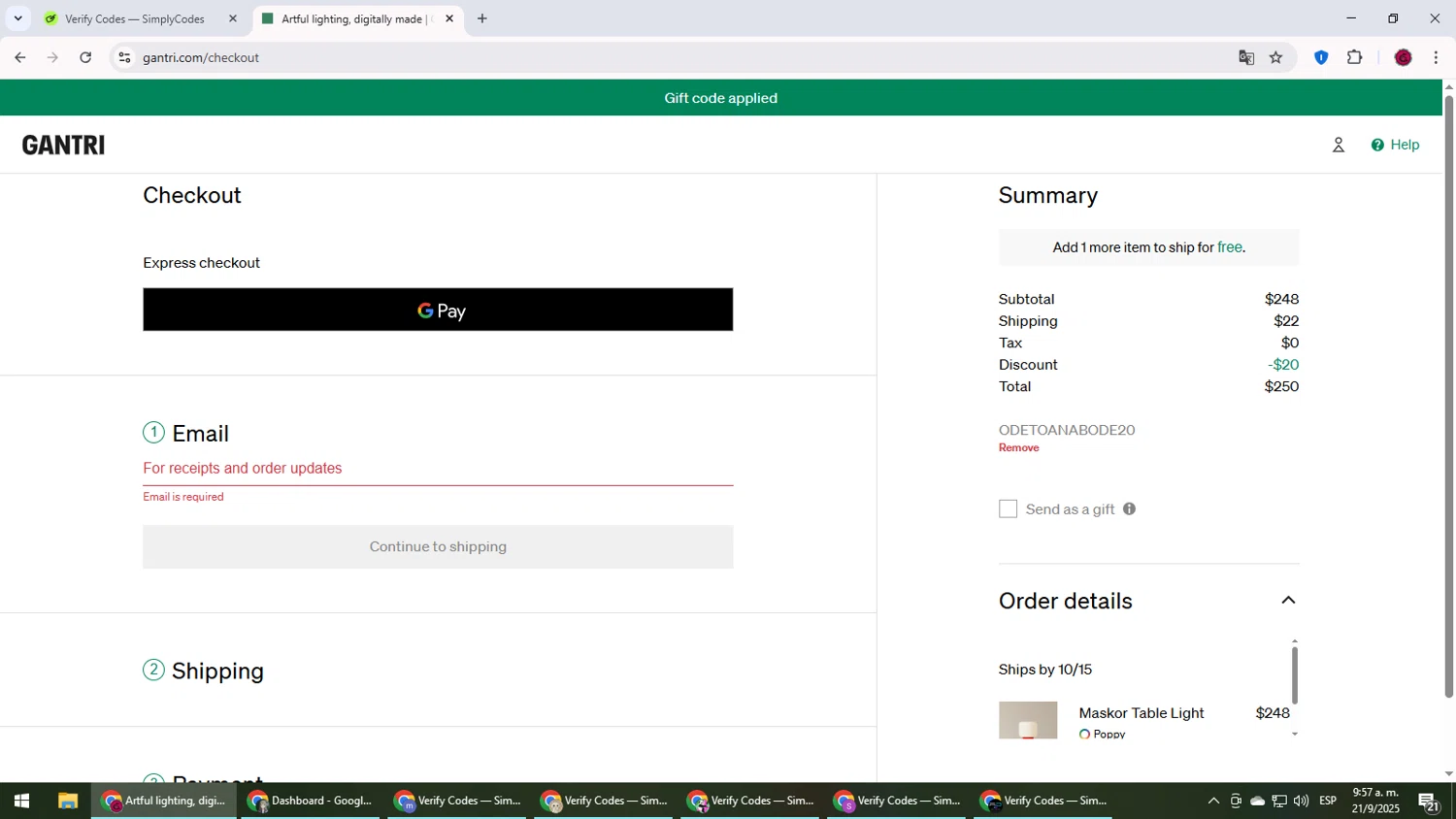 Gantri discount code screenshot showing code ODETOANABODE20 applied at Gantri checkout page. Uploaded by SimplyCodes community member MightyLegend6657 on Sep 21, 2025