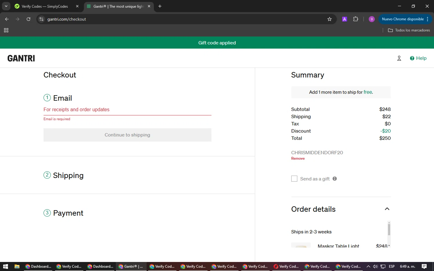 Gantri discount code screenshot showing code CHRISMIDDENDORF20 applied at Gantri checkout page. Uploaded by SimplyCodes community member DealPilot7721 on Feb 24, 2025