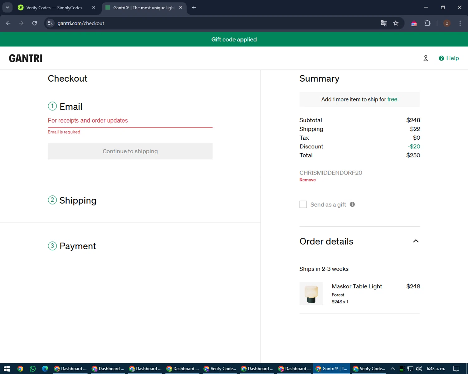 Gantri discount code screenshot showing code CHRISMIDDENDORF20 applied at Gantri checkout page. Uploaded by SimplyCodes community member LegendaryAdmiral8649 on Mar 25, 2025