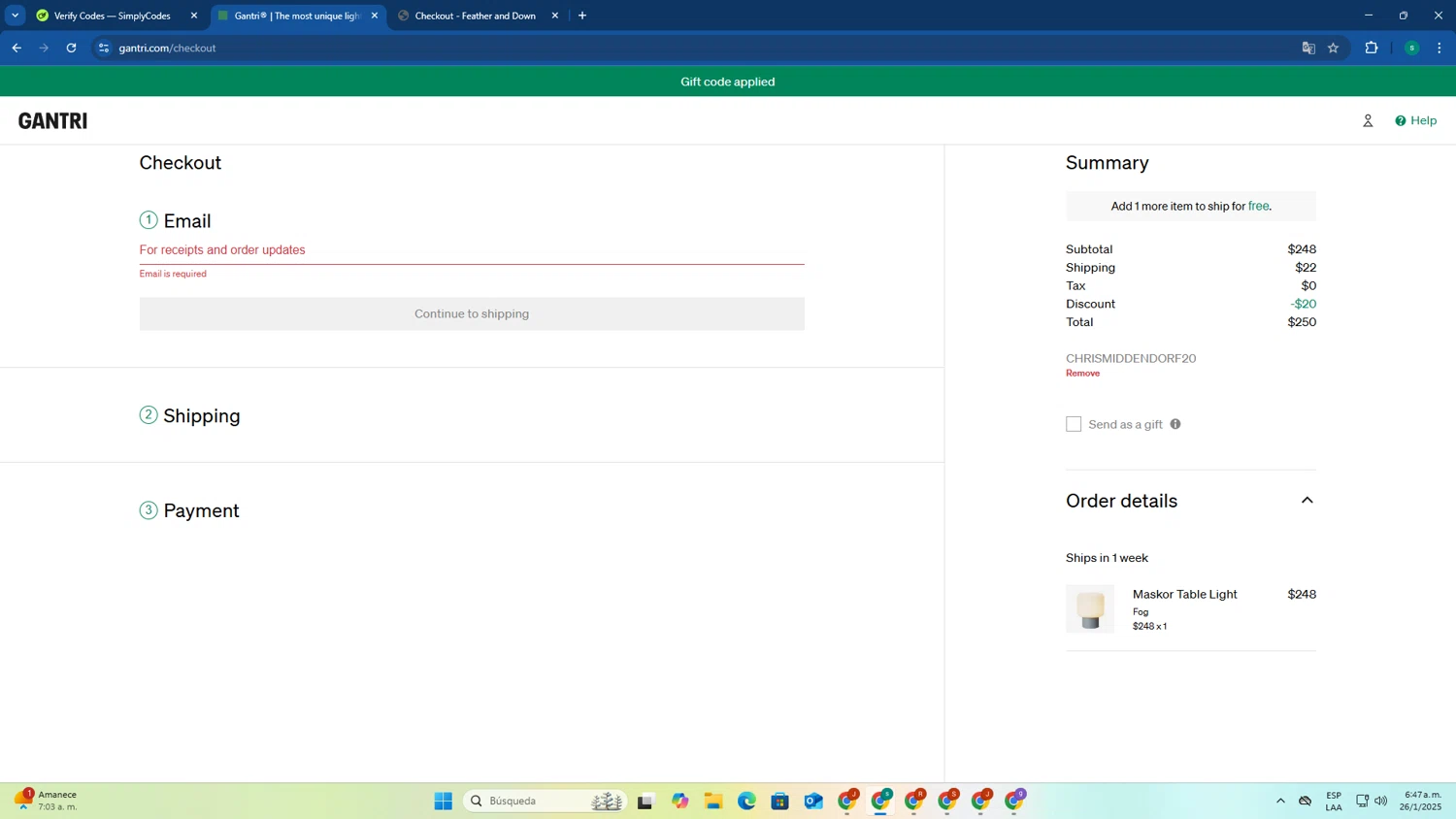 Gantri discount code screenshot showing code CHRISMIDDENDORF20 applied at Gantri checkout page. Uploaded by SimplyCodes community member FrugalExpert8809 on Jan 26, 2025