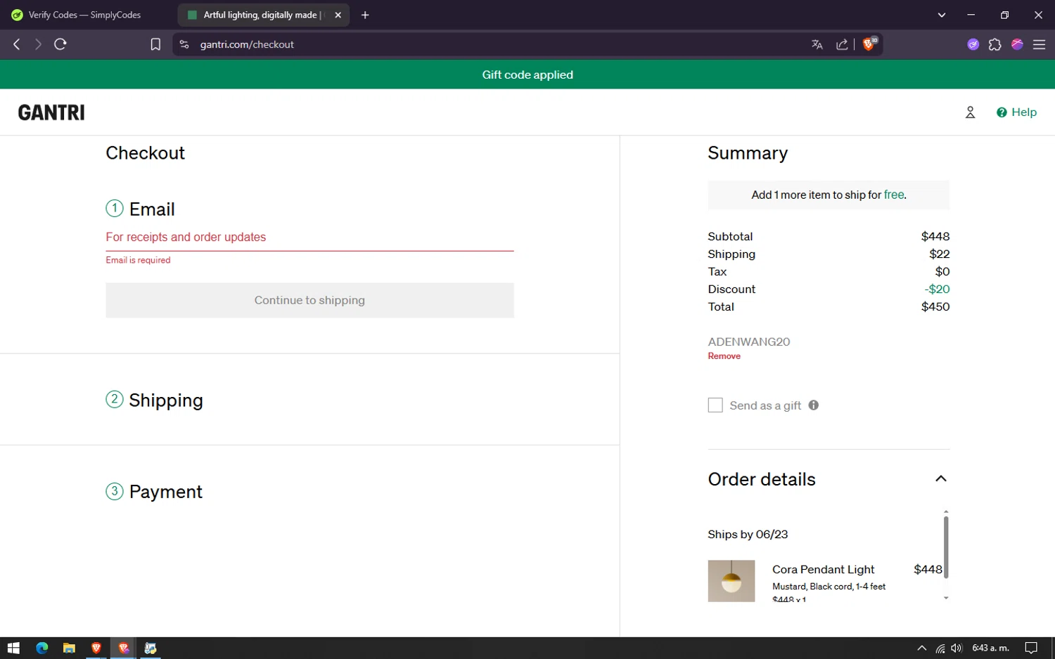 Gantri discount code screenshot showing code ADENWANG20 applied at Gantri checkout page. Uploaded by SimplyCodes community member CouponElite4658 on May 25, 2025
