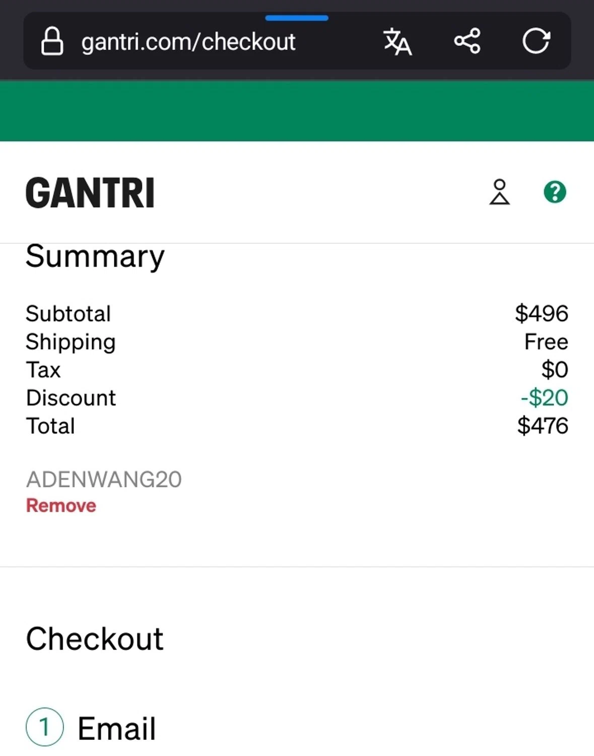 Gantri discount code screenshot showing code ADENWANG20 applied at Gantri checkout page. Uploaded by SimplyCodes community member Sukuna_ on Feb 27, 2025