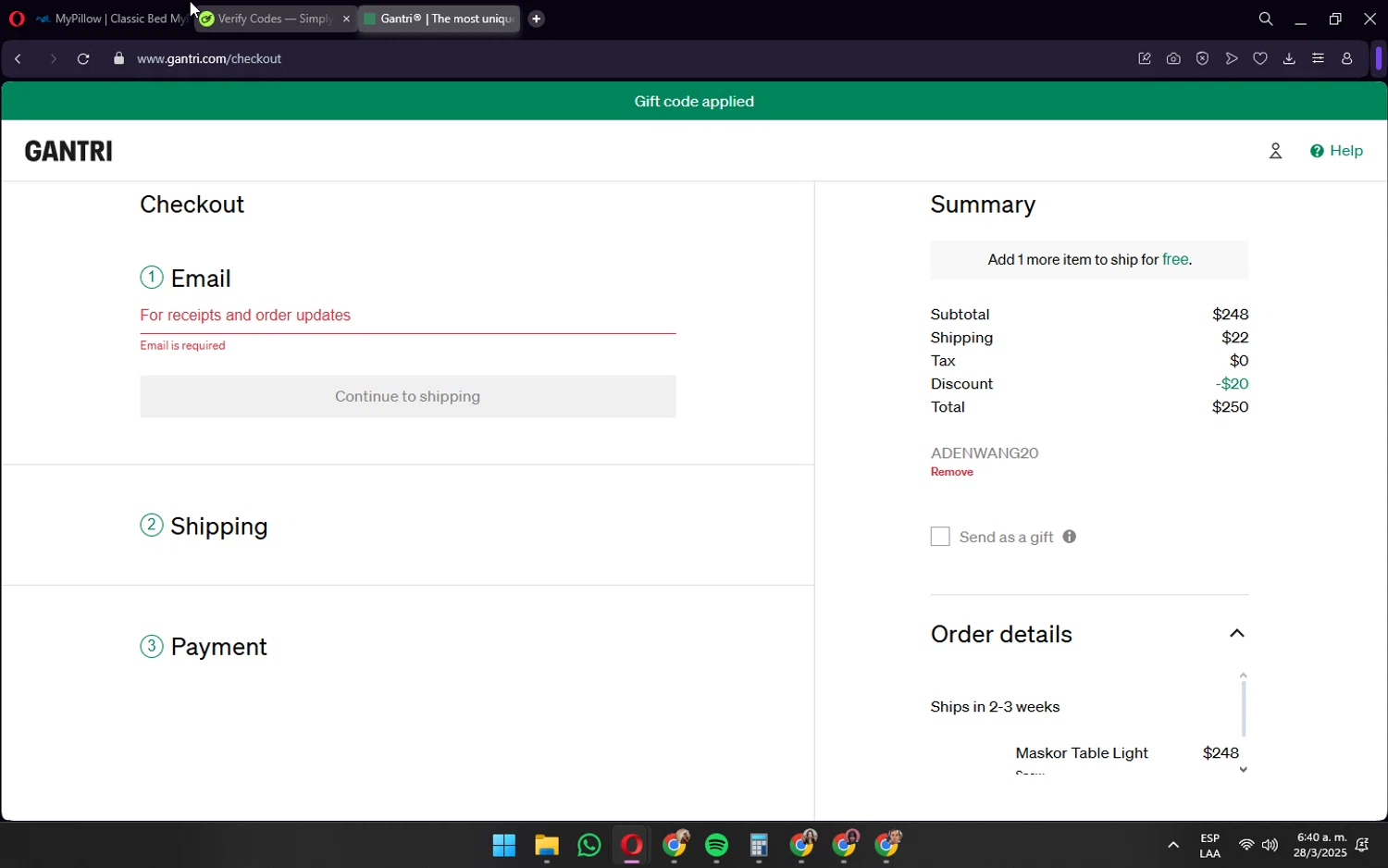 Gantri discount code screenshot showing code ADENWANG20 applied at Gantri checkout page. Uploaded by SimplyCodes community member wednesday on Mar 28, 2025