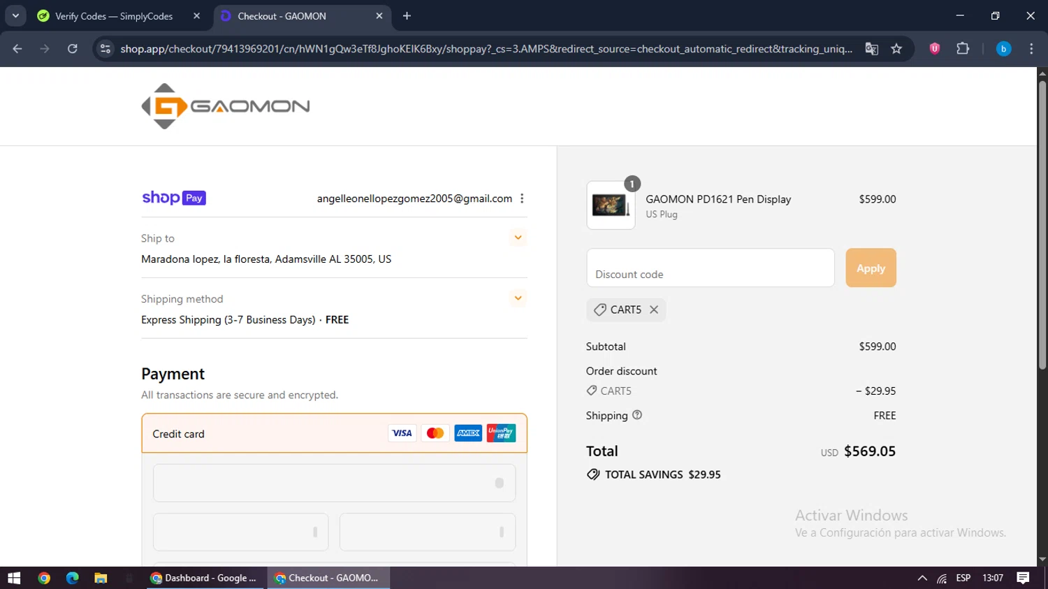 GAOMON discount code screenshot showing code CART5 applied at GAOMON checkout page. Uploaded by SimplyCodes community member bilijr on Aug 11, 2025