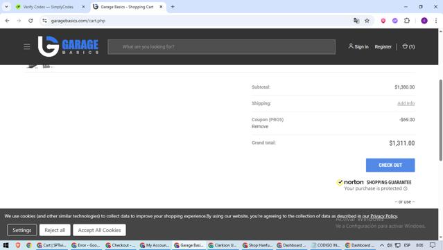Garage Basics checkout page showing Garage Basics promo code box | Screenshot taken by SimplyCodes community member on Sep 4, 2025