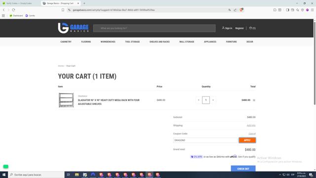 Garage Basics checkout page showing Garage Basics promo code box | Screenshot taken by SimplyCodes community member on Aug 27, 2025