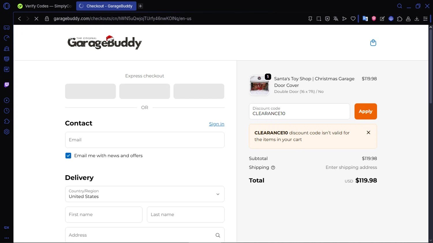 GarageBuddy promo code screenshot showing code CLEARANCE10 applied at GarageBuddy checkout page. Uploaded by SimplyCodes community member ACIDOSULFURICO on Dec 1, 2025