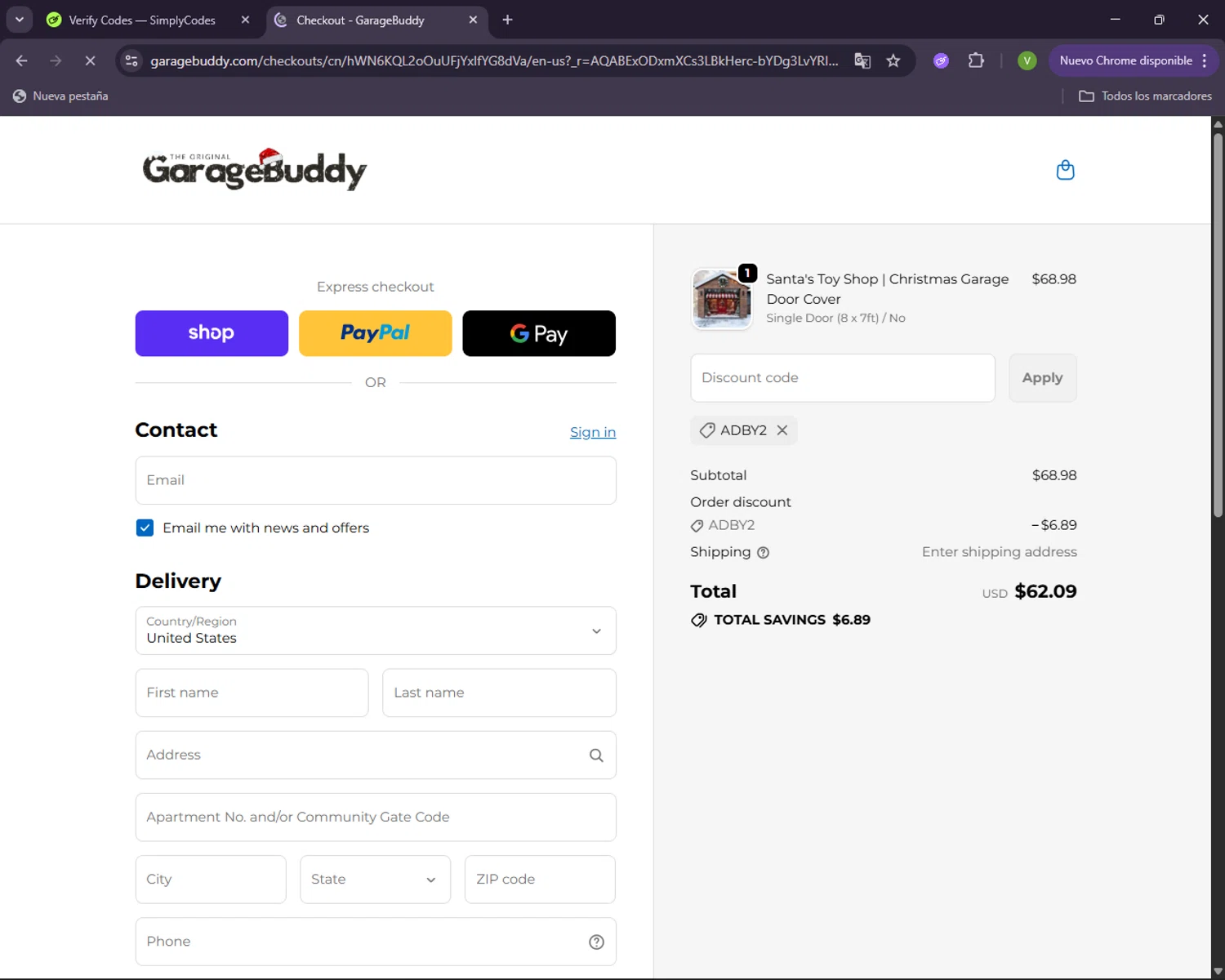 GarageBuddy promo code screenshot showing code ADBY2 applied at GarageBuddy checkout page. Uploaded by SimplyCodes community member CleverNavigator1236 on Dec 24, 2025