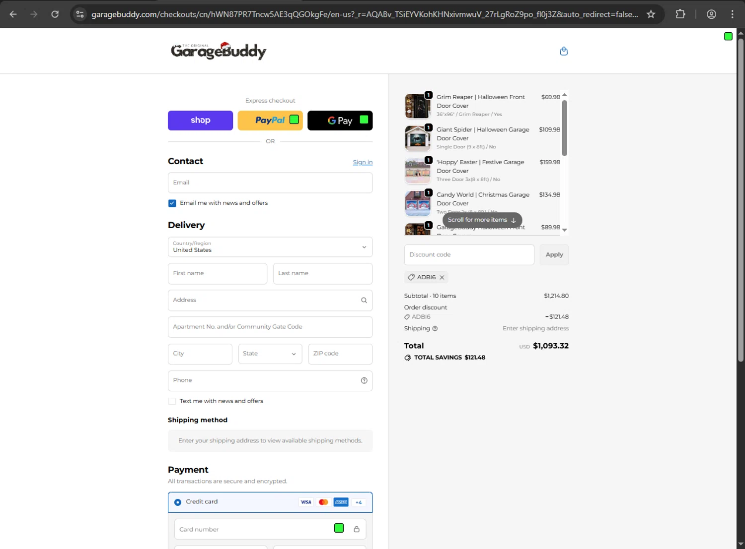 GarageBuddy promo code screenshot showing code ADBI6 applied at GarageBuddy checkout page. Uploaded by SimplyCodes community member gokuyvegetta on Jan 28, 2026