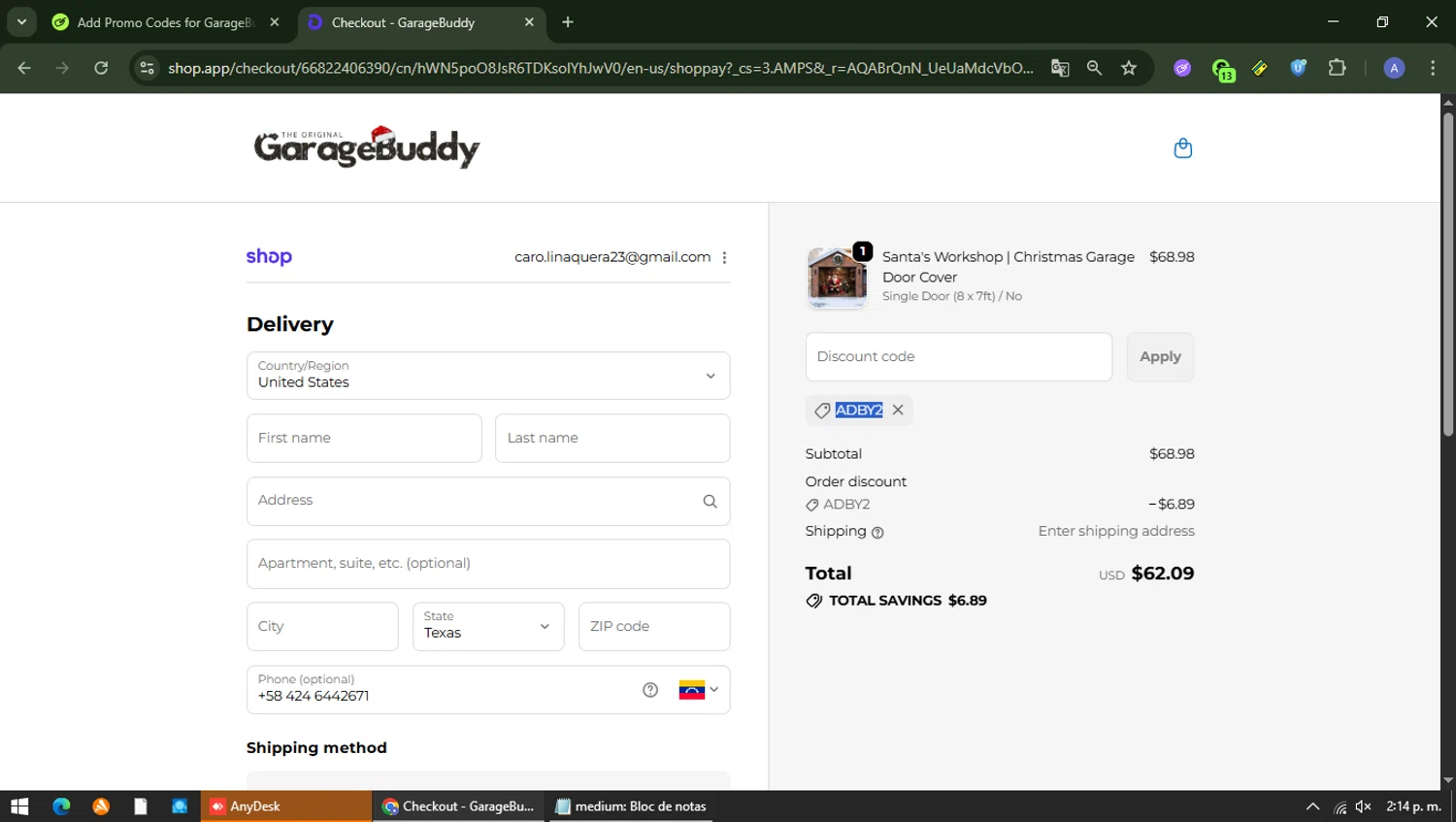 GarageBuddy promo code screenshot showing code ADBY2 applied at GarageBuddy checkout page. Uploaded by SimplyCodes community member Carolina23 on Dec 20, 2025