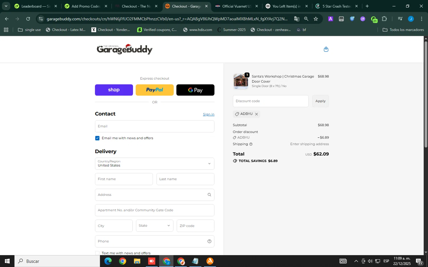 GarageBuddy promo code screenshot showing code adbyu applied at GarageBuddy checkout page. Uploaded by SimplyCodes community member ELVERGALARGA on Dec 22, 2025