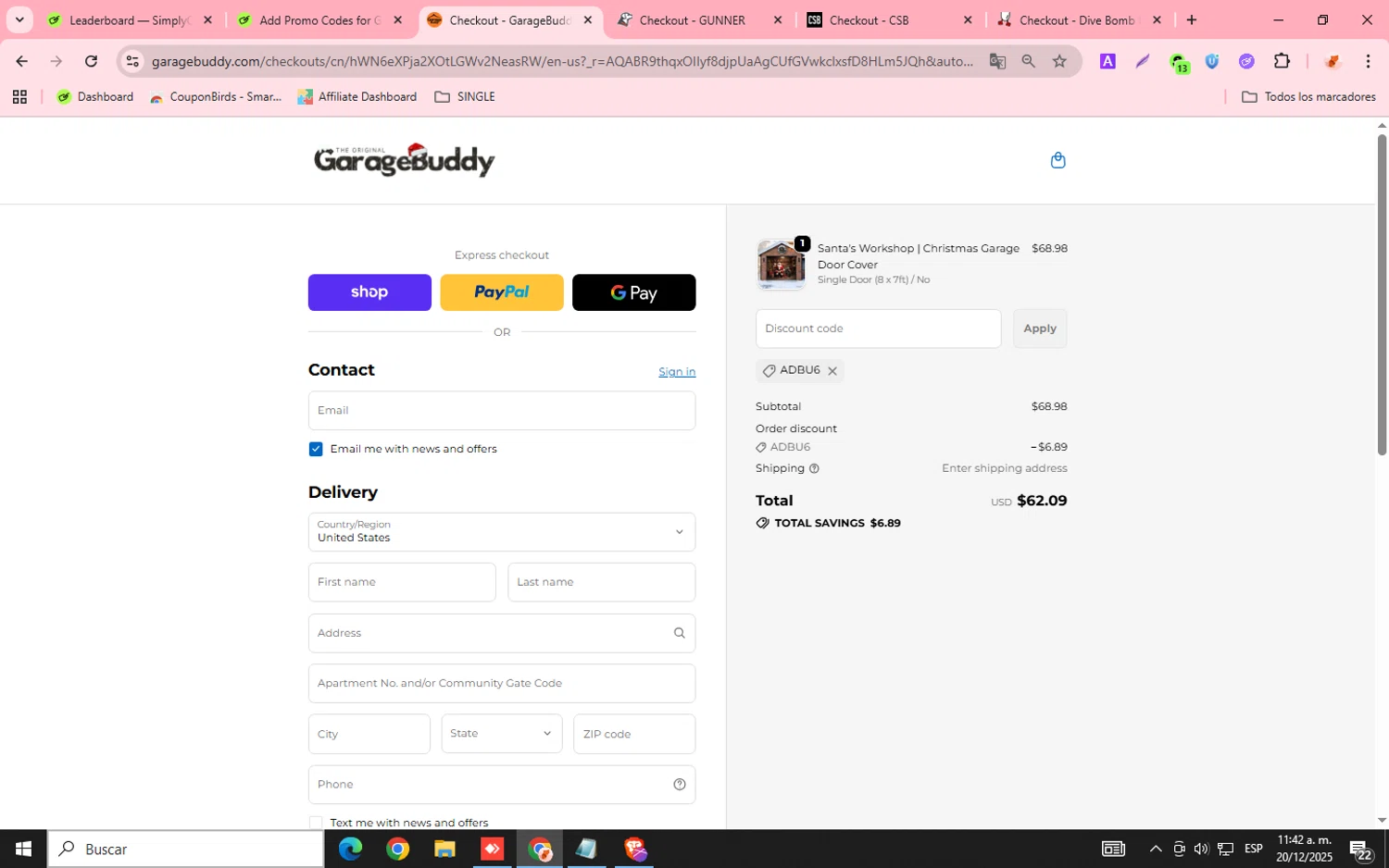 GarageBuddy promo code screenshot showing code adbu6 applied at GarageBuddy checkout page. Uploaded by SimplyCodes community member donaldJtrump on Dec 20, 2025