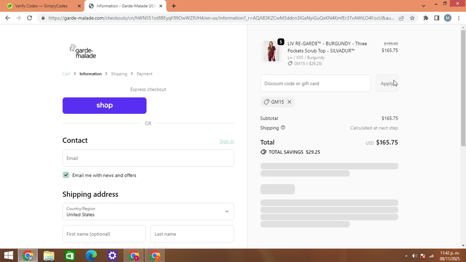Garde-Malade USA promo code screenshot showing code GM15 applied at Garde-Malade USA checkout page. Uploaded by SimplyCodes community member AJOTAA on Nov 9, 2025