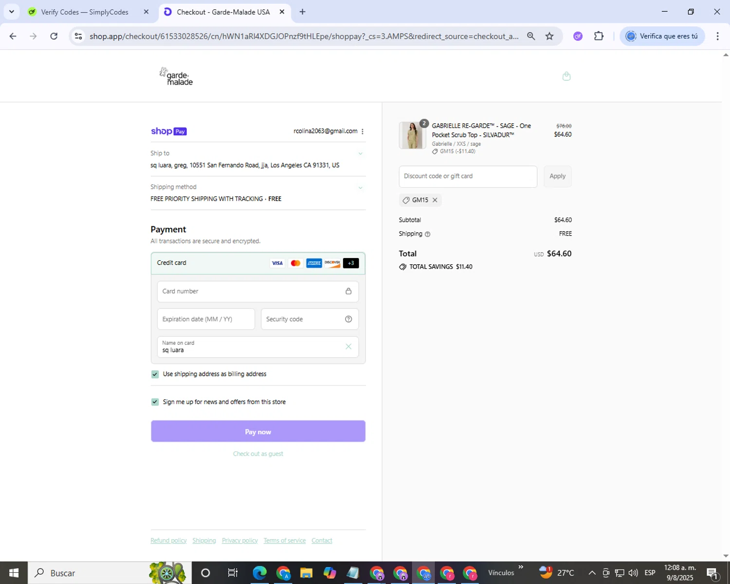 Garde-Malade USA promo code screenshot showing code GM15 applied at Garde-Malade USA checkout page. Uploaded by SimplyCodes community member BrilliantScholar5403 on Aug 9, 2025