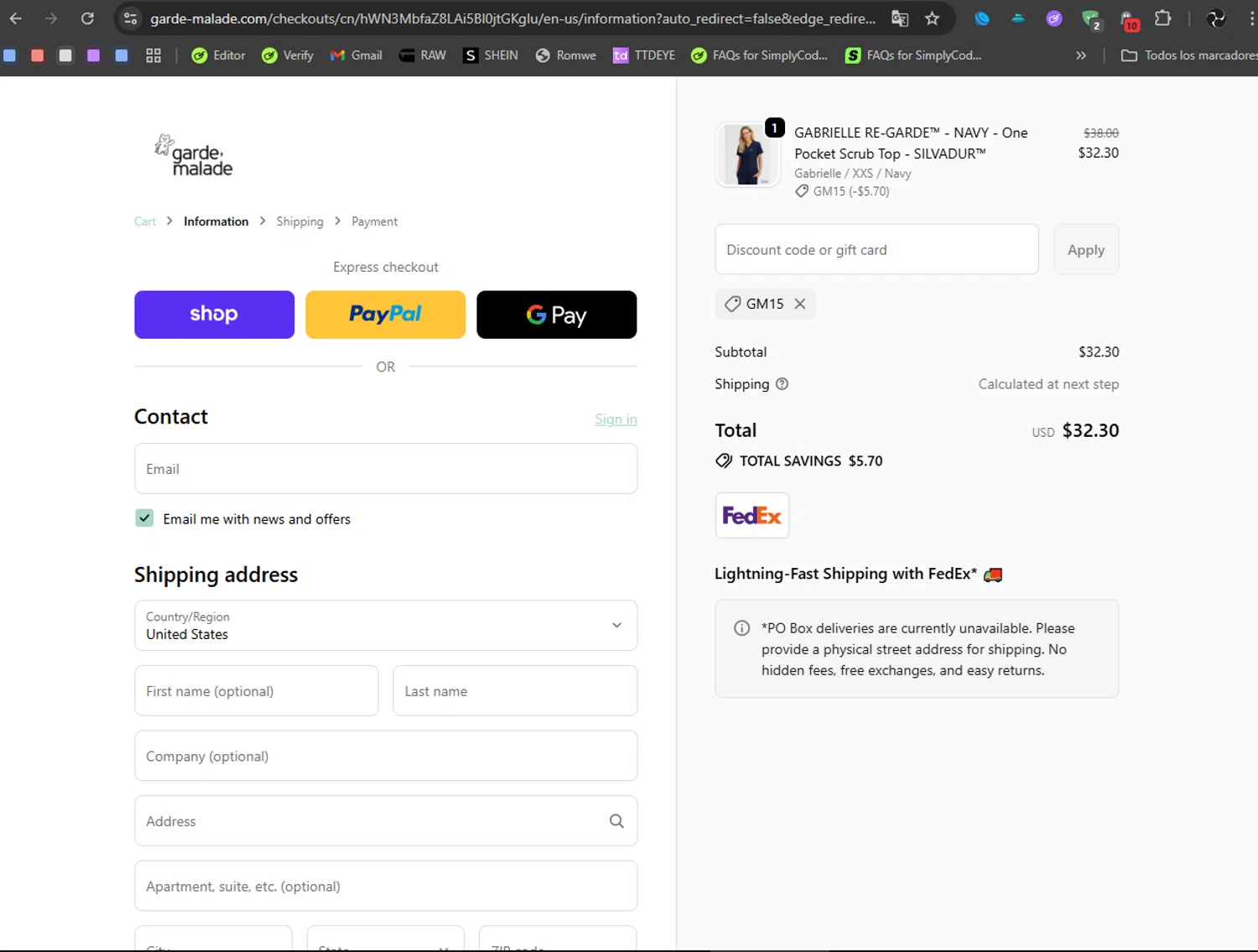 Garde-Malade USA promo code screenshot showing code GM15 applied at Garde-Malade USA checkout page. Uploaded by SimplyCodes community member Ryukyu on Sep 24, 2025