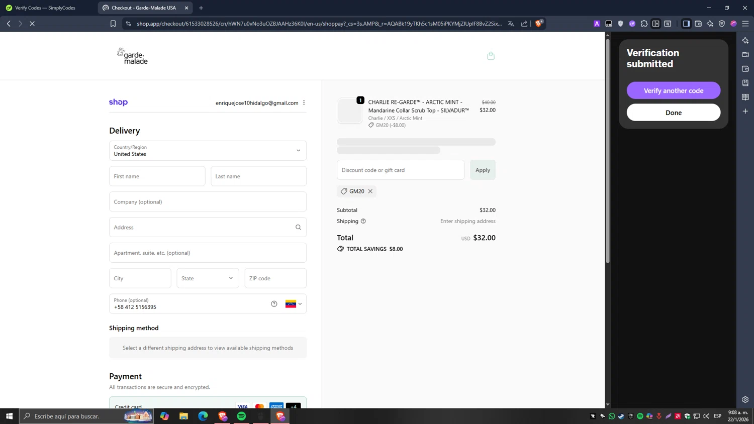 Garde-Malade USA promo code screenshot showing code GM20 applied at Garde-Malade USA checkout page. Uploaded by SimplyCodes community member Carlos54 on Jan 22, 2026