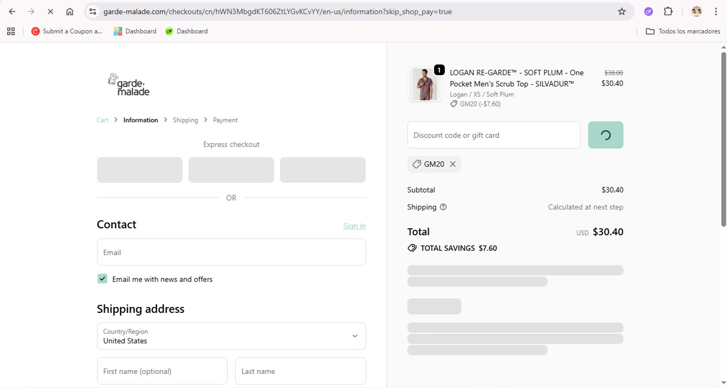 Garde-Malade USA promo code screenshot showing code GM20 applied at Garde-Malade USA checkout page. Uploaded by SimplyCodes community member LegendaryTitan9160 on Sep 24, 2025