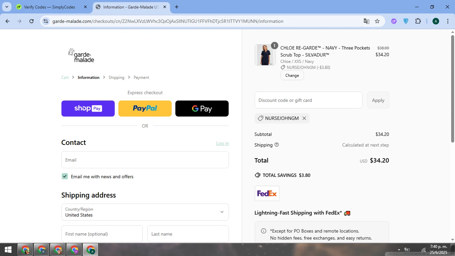 Garde-Malade USA promo code screenshot showing code NURSEJOHNGM applied at Garde-Malade USA checkout page. Uploaded by SimplyCodes community member FrugalMaverick6013 on Jun 25, 2025