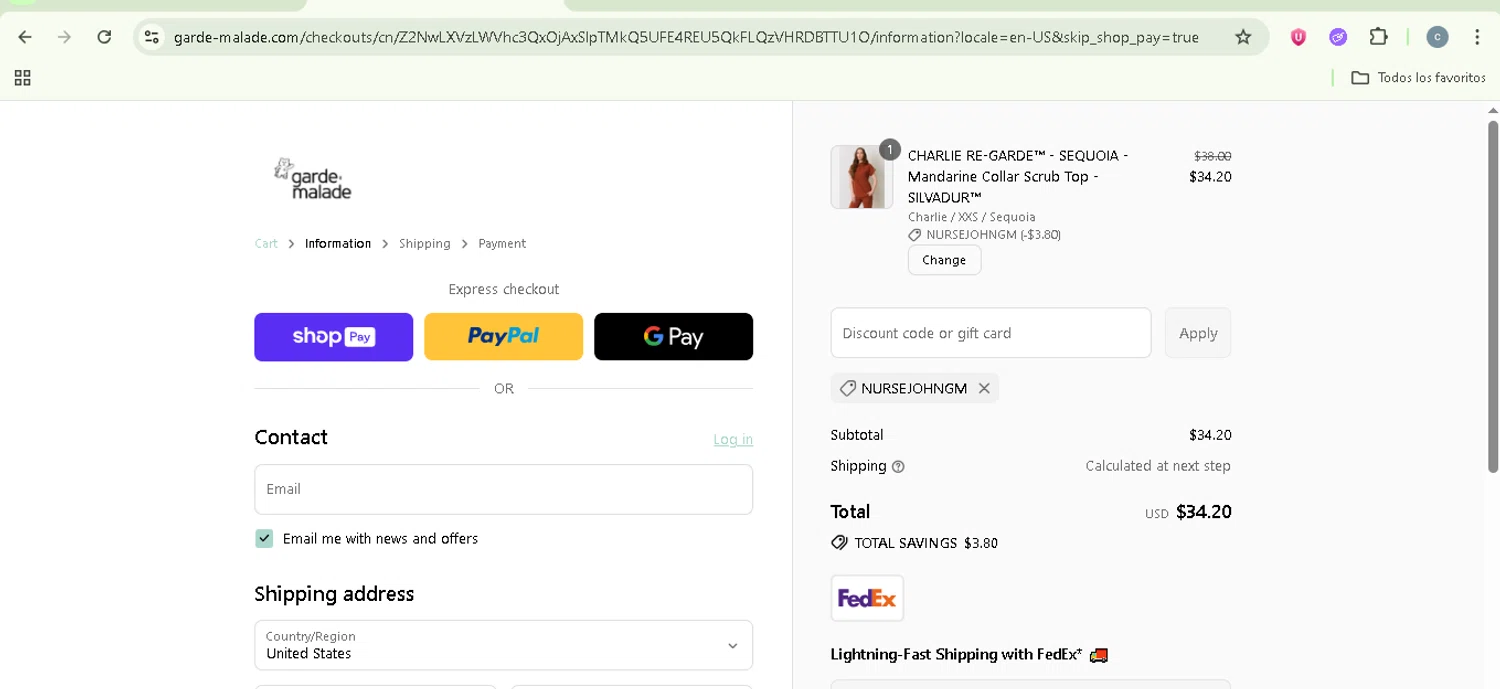 Garde-Malade USA promo code screenshot showing code NURSEJOHNGM applied at Garde-Malade USA checkout page. Uploaded by SimplyCodes community member NobleSentinel8535 on Jul 10, 2025