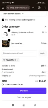 WELCOME10 coupon verification screenshot