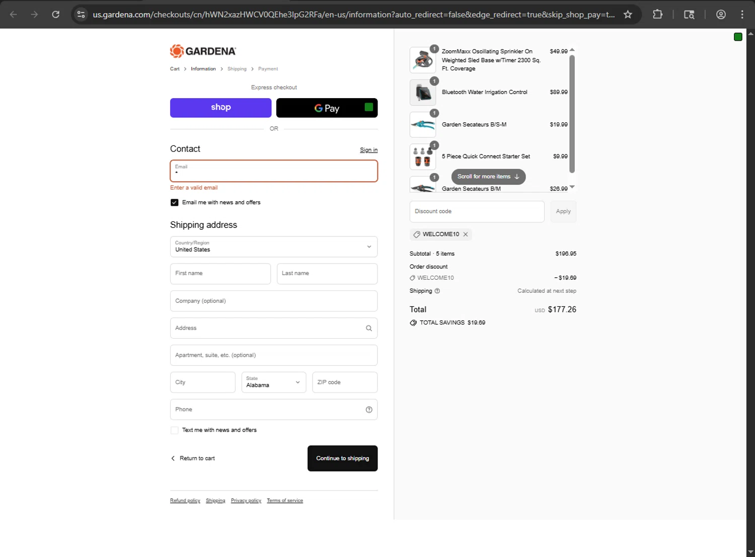 Gardena discount code screenshot showing code WELCOME10 applied at Gardena checkout page. Uploaded by SimplyCodes community member ShrewdDefender8496 on Sep 14, 2025