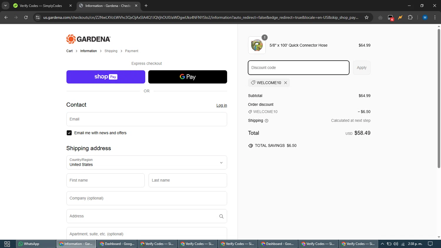 Gardena discount code screenshot showing code WELCOME10 applied at Gardena checkout page. Uploaded by SimplyCodes community member EpicVoyager2820 on Mar 13, 2025