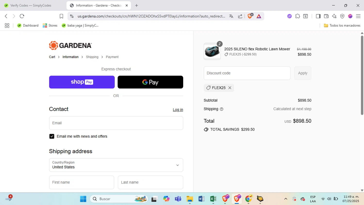 Gardena discount code screenshot showing code FLEX25 applied at Gardena checkout page. Uploaded by SimplyCodes community member BrilliantSpotter8809 on Jul 25, 2025