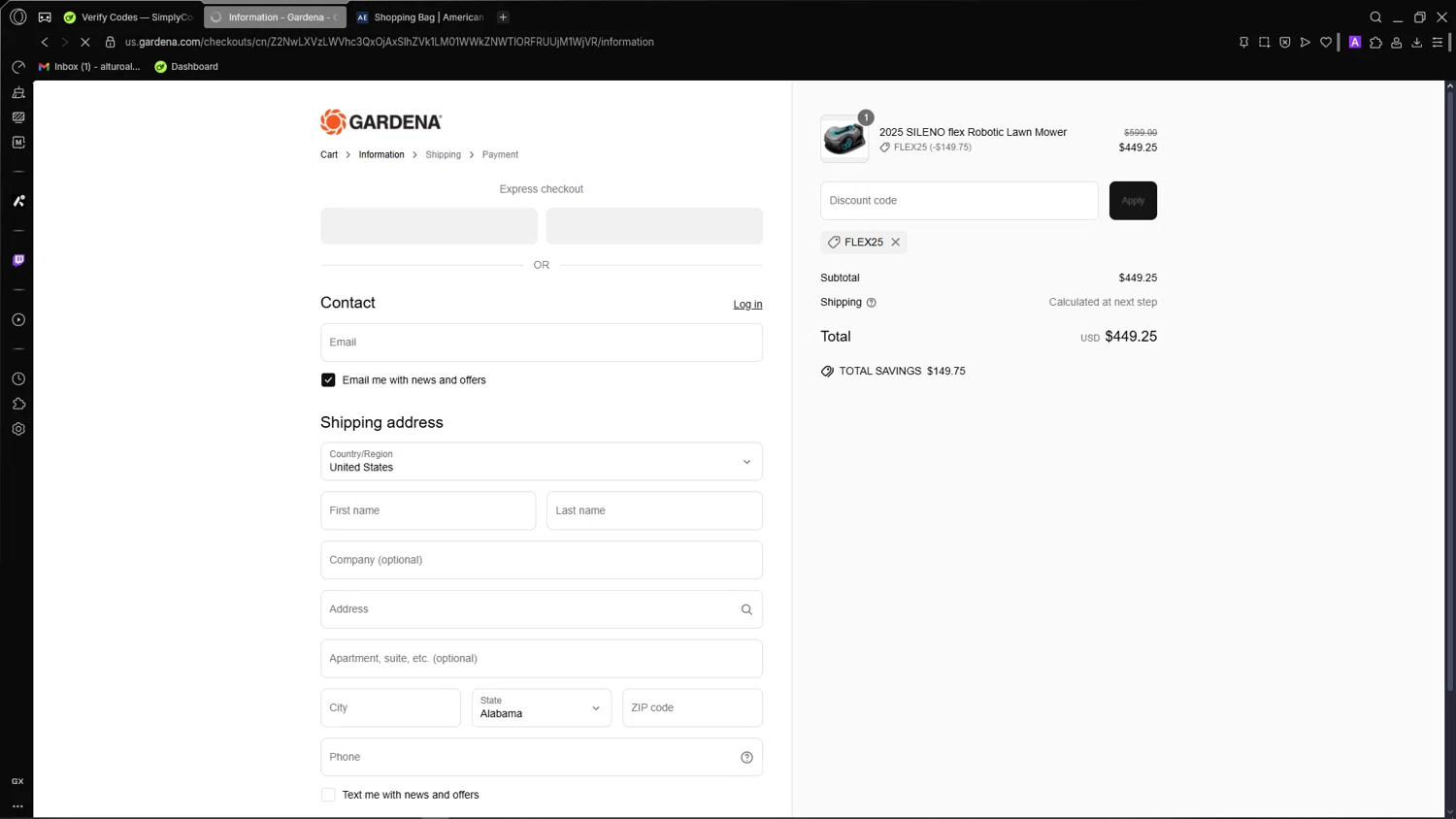 Gardena discount code screenshot showing code FLEX25 applied at Gardena checkout page. Uploaded by SimplyCodes community member CleverSage7079 on Jun 17, 2025