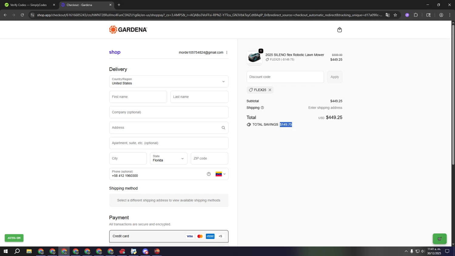 Gardena discount code screenshot showing code FLEX25 applied at Gardena checkout page. Uploaded by SimplyCodes community member lllllllllllllll on Dec 30, 2025
