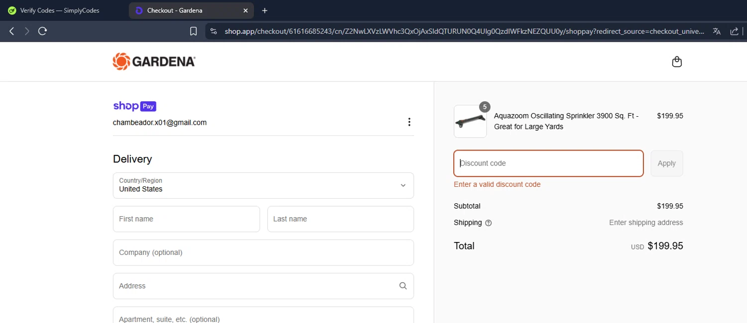 Gardena discount code screenshot showing code MAY20 applied at Gardena checkout page. Uploaded by SimplyCodes community member papa01 on Jun 1, 2025