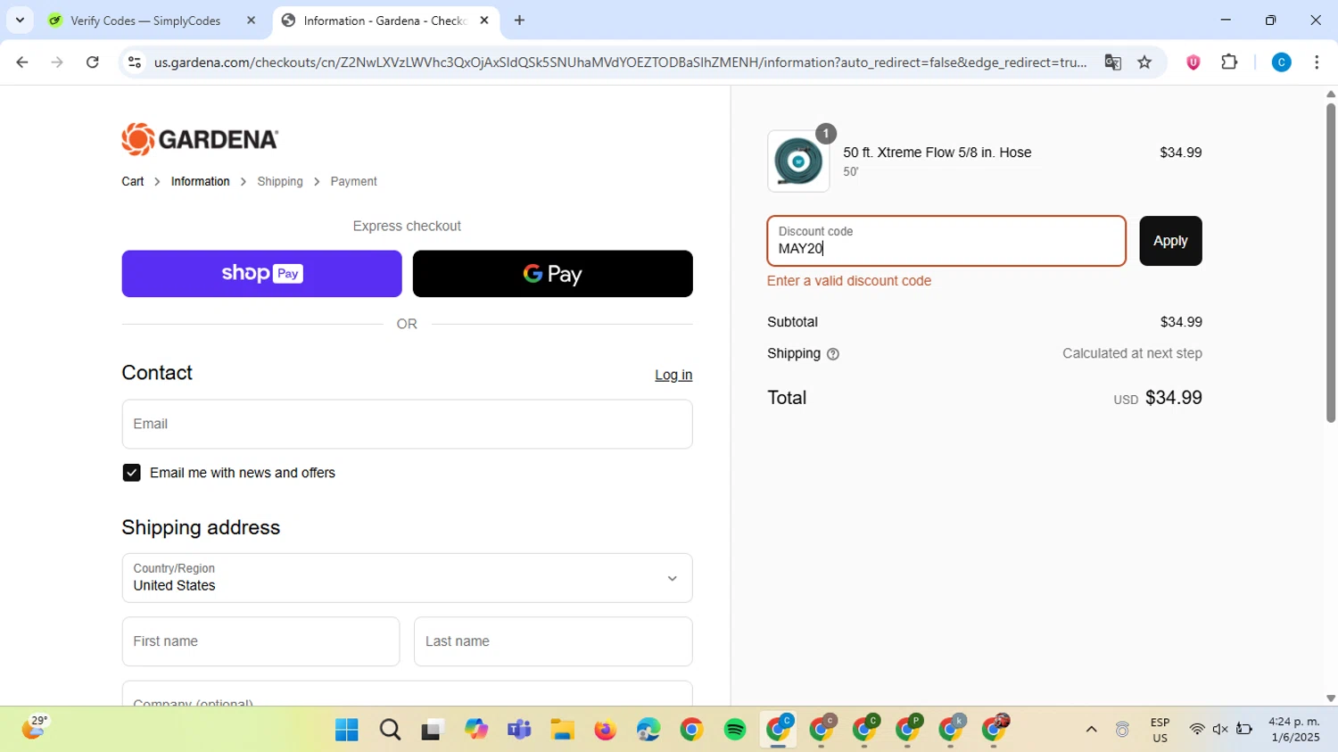 Gardena discount code screenshot showing code MAY20 applied at Gardena checkout page. Uploaded by SimplyCodes community member ScanAce2966 on Jun 1, 2025