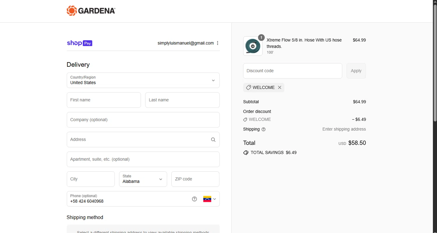 Gardena discount code screenshot showing code WELCOME applied at Gardena checkout page. Uploaded by SimplyCodes community member WoskalRevenge on Aug 3, 2025