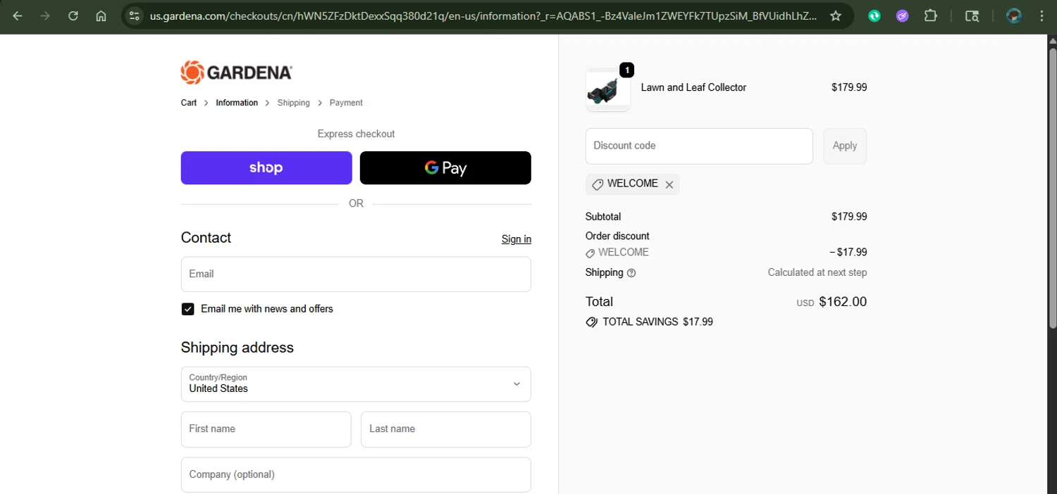 Gardena discount code screenshot showing code WELCOME applied at Gardena checkout page. Uploaded by SimplyCodes community member xAngel on Nov 22, 2025