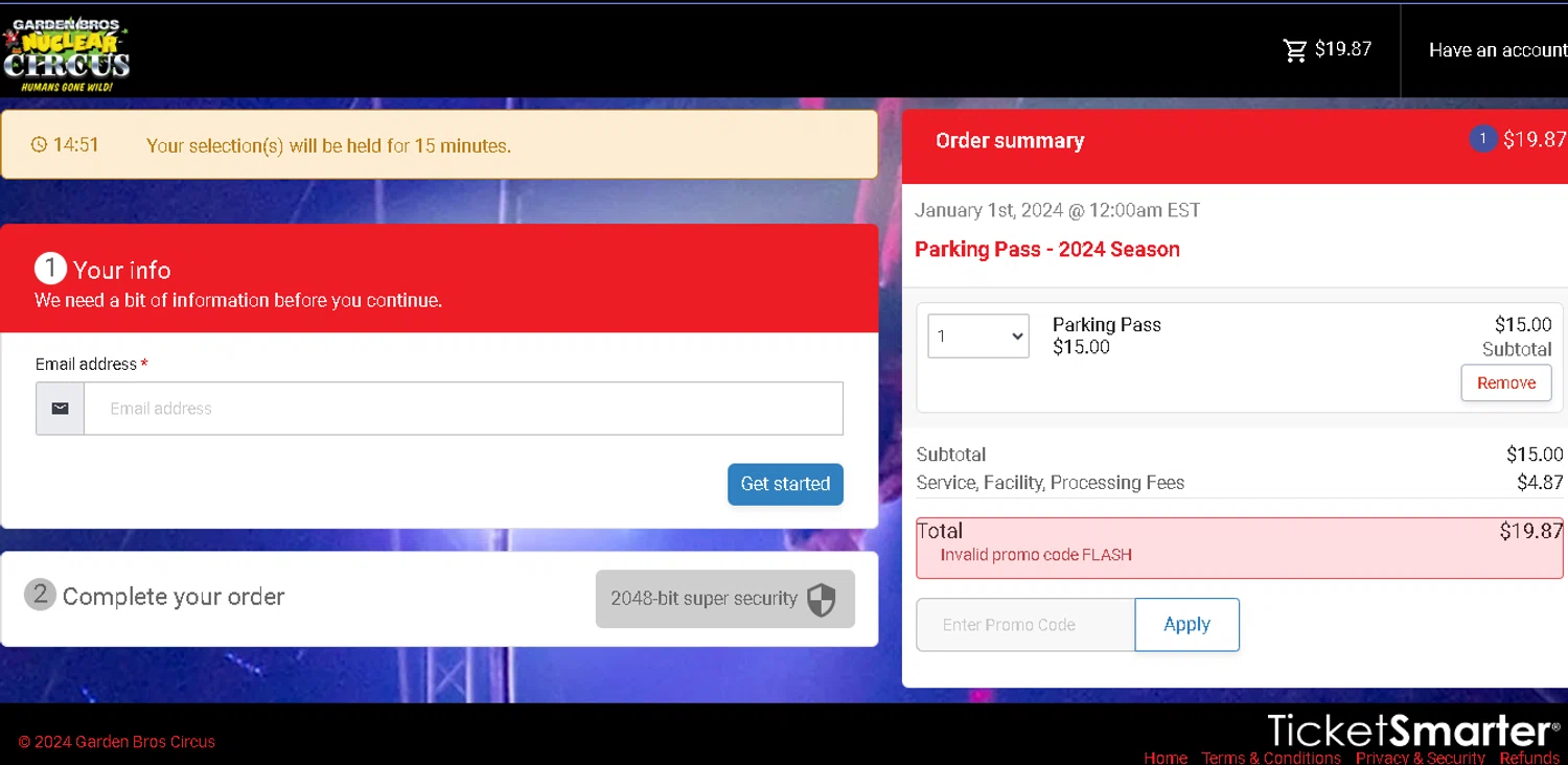 Garden Bros Nuclear Circus checkout page showing Garden Bros Nuclear Circus promo code box | Screenshot taken by SimplyCodes community member on May 26, 2024